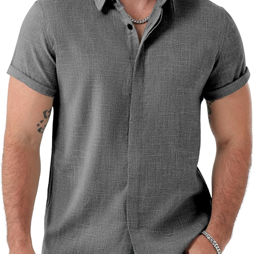 Men's Stretch Hidden Button Short Sleeve Shirts Texture Button Down